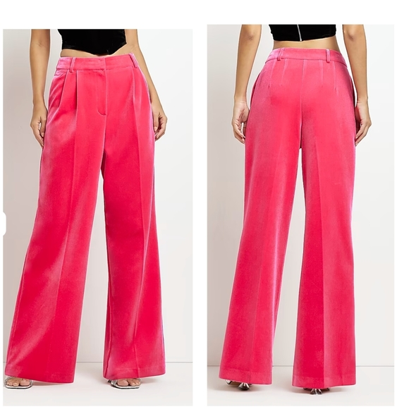 River Island Hot Pink Velvet Wide Leg Pants - Sz US 10 - Picture 2 of 5